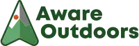 Logo for Aware Outdoors created in collaboration with a skilled Graphic Designer, featuring a green stylized mountain shape and a small red sun on the left, followed by the words Aware Outdoors in bold green letters on a light background—perfectly designed to communicate your vision.