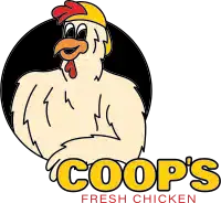 Cartoon chicken wearing a yellow hat, smiling, with COOPS in large yellow letters and FRESH CHICKEN below in red text—perfect for collaborating with a graphic designer to communicate your vision for bold and engaging branding.