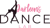 Logo for Darleens Dance Lab. The D in DANCE is formed by a silhouette of a dancer performing a high leg hold. Darleens is written in pink script above, and LAB is in pink below DANCE. Perfect for those looking to collaborate with a talented graphic designer who can communicate your vision through vibrant and creative logo design.