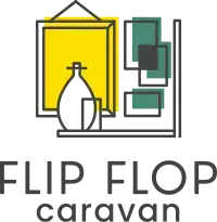 Logo for Flip Flop Caravan showing abstract framed art, a yellow rectangle, and a vase with a glass. Geometric lines and shapes create a modern, artistic look above the company name in bold text—perfect for collaborating with a graphic designer to communicate your vision effectively.