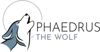 Logo of a stylized howling wolf next to the text PHAEDRUS THE WOLF, with PHAEDRUS in black and THE WOLF in light blue. A circular outline appears behind the wolf’s head, making it an ideal design for those looking to collaborate with a graphic designer and effectively communicate your vision.