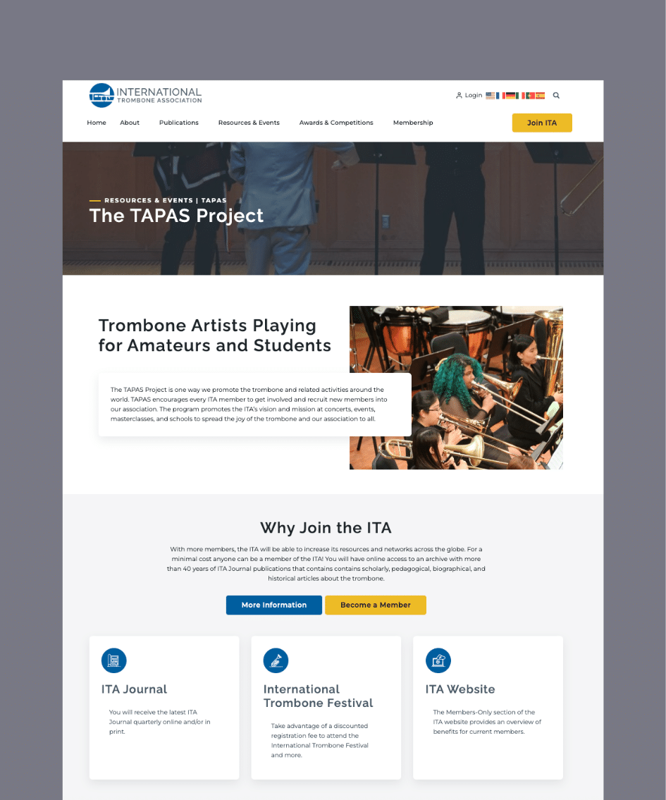 Screenshot of the International Trombone Association’s TAPAS Project webpage, highlighting its website design with a header image of musicians performing, intro text about the project, and sections linking to the ITA Journal, Festival, and Website.