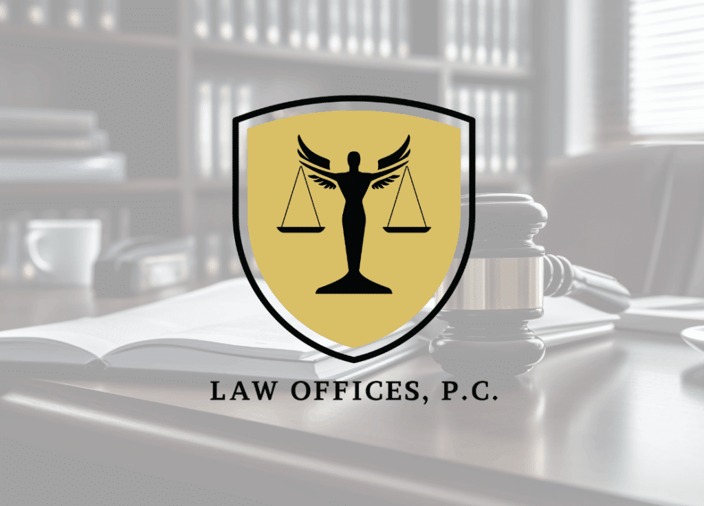 A gold and black shield with a Lady Justice figure holding scales, perfect for law office logo design, overlaid on a blurred background of a law office with books, a gavel, and an open book. The text reads LAW OFFICES, P.C.