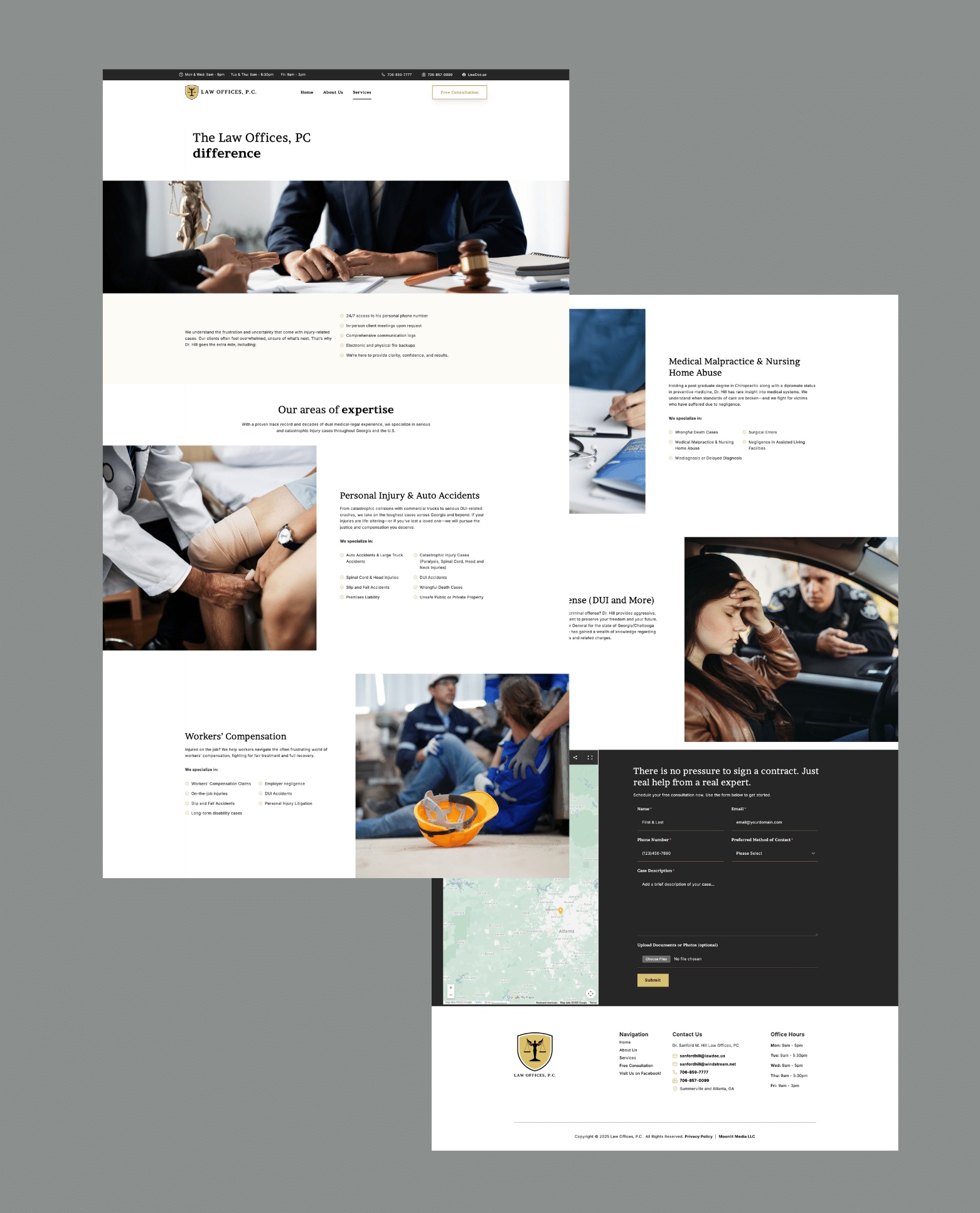 A clean, modern Atlanta law firm website layout featuring sections for expertise, testimonials, contact info, and images of legal professionals, clients, a gavel, and a map—complete with a professional law office logo design.