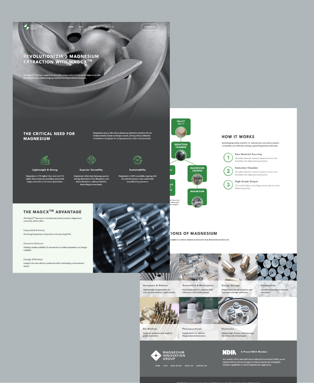 An informational brochure with images of metal machinery, magnesium parts, and diagrams, explaining a new magnesium extraction process, its advantages, mineral supply benefits, how it works, and various applications of magnesium.
