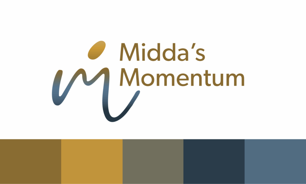 Logo reading “Middas Momentum” with a stylized “M” and dot on the left. Ideal for branding or educational consultants, it features five rectangular color swatches in gold, mustard, olive, dark blue, and slate blue on a white background.
