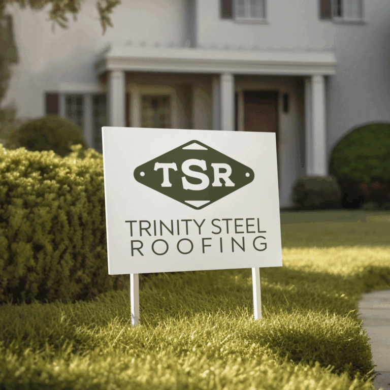 A yard sign reading “TSR Trinity Steel Roofing,” showcasing the roofing company's logo design, stands in front of a neatly manicured lawn, with a house and front porch visible in the background.