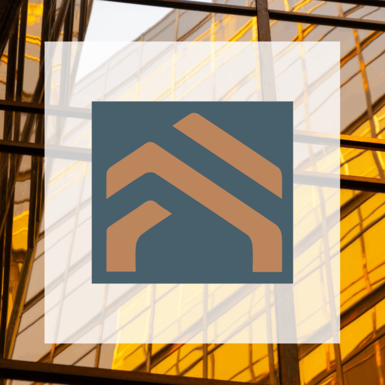 A geometric logo with two orange, angular lines on a dark blue square is centered on a semi-transparent white rectangle, overlaid on gold-tinted glass building windows—an ideal look for a Santa Rosa Construction Accounting Service.