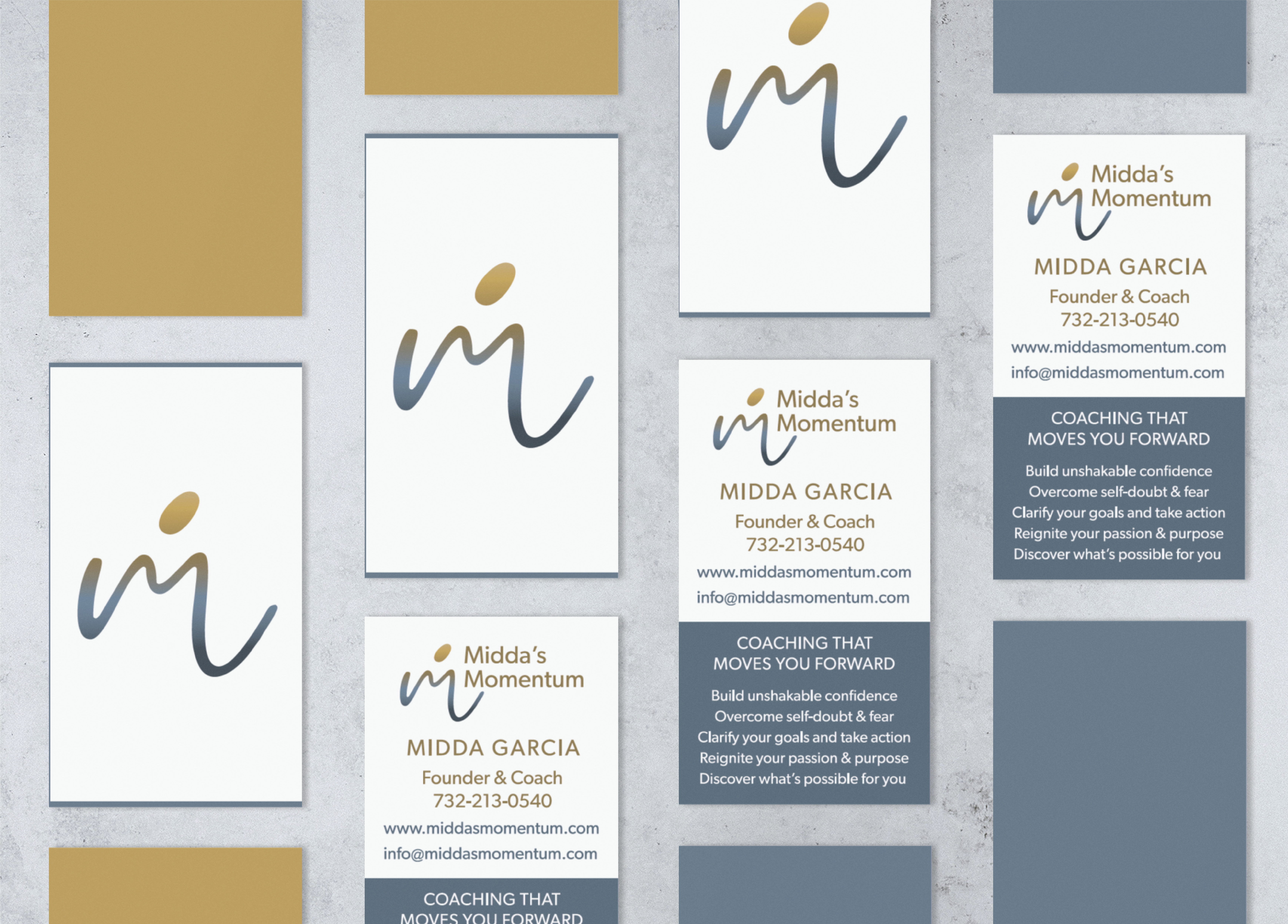 A flat lay of business cards and branding materials for Middas Momentum, an educational consultants firm, featuring a gold, white, and blue color scheme, handwritten logo, and contact details for founder and coach Midda Garcia.