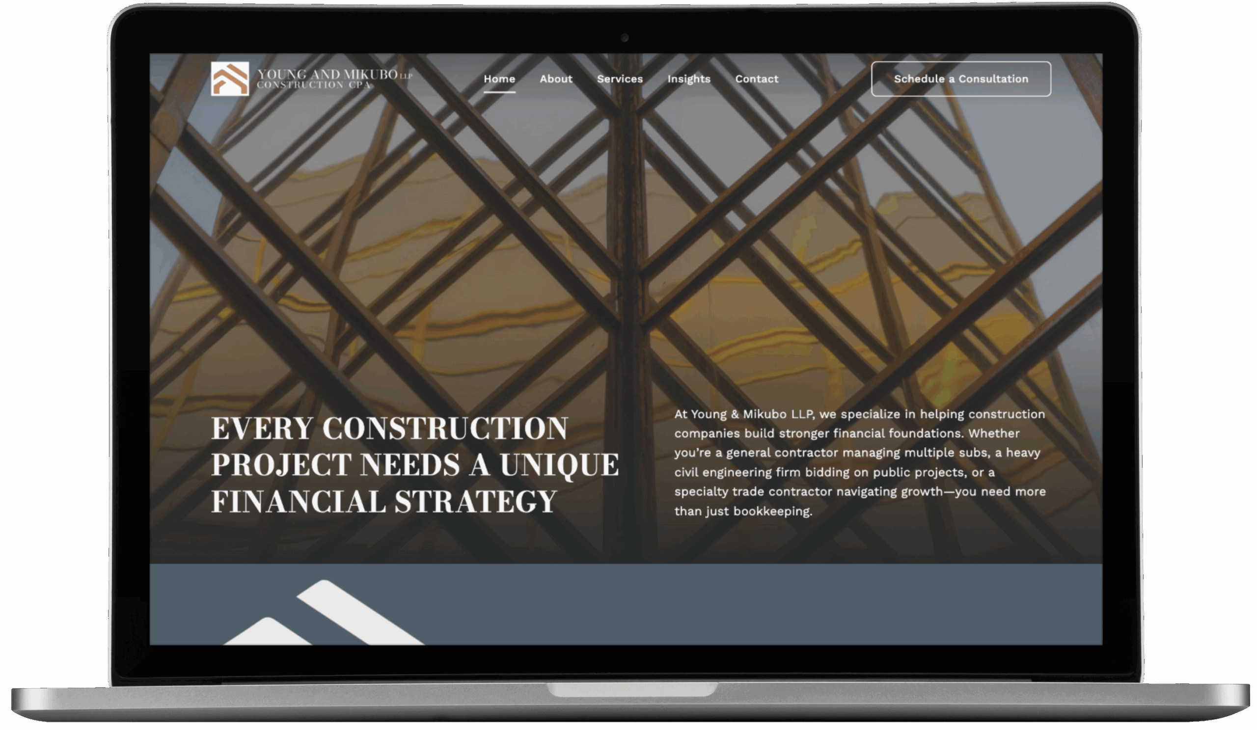 A laptop displays a website design for Young & Miyoko LLP, featuring a geometric construction image and the text, Every construction project needs a unique financial strategy. Menu and consultation button are visible. Ideal inspiration for roofing company branding.