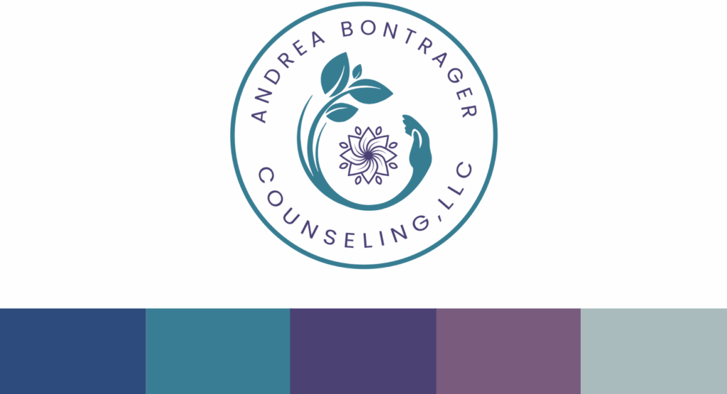 A circular logo design for Andrea Bontrager Counseling, LLC, features a hand and leaves around a floral motif. Below are five color swatches—blue, teal, navy, mauve, and light gray-blue—for this counseling service.