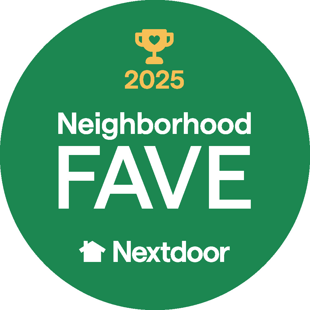 Green circular badge with a gold trophy icon and 2025 at the top, white text that reads Neighborhood FAVE, and a house icon with the word Nextdoor at the bottom—perfect for enhancing your brand story or inspiring logo design.