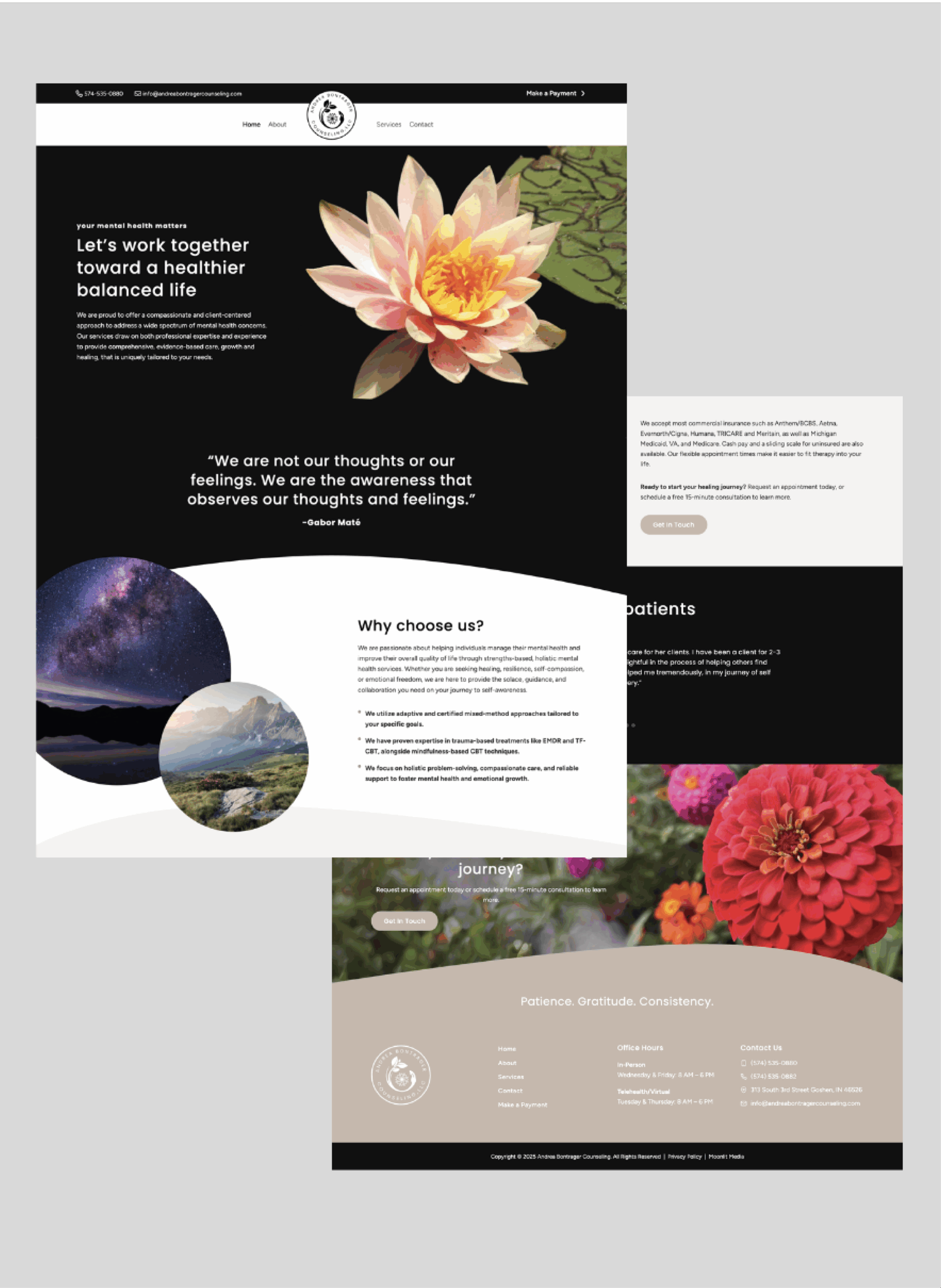 Screenshot of a wellness clinic website design featuring sections with flowers, a quote, nature images, counseling service info, and contact details. The layout uses black, beige, and earth tones with clean, modern text and cohesive logo design.