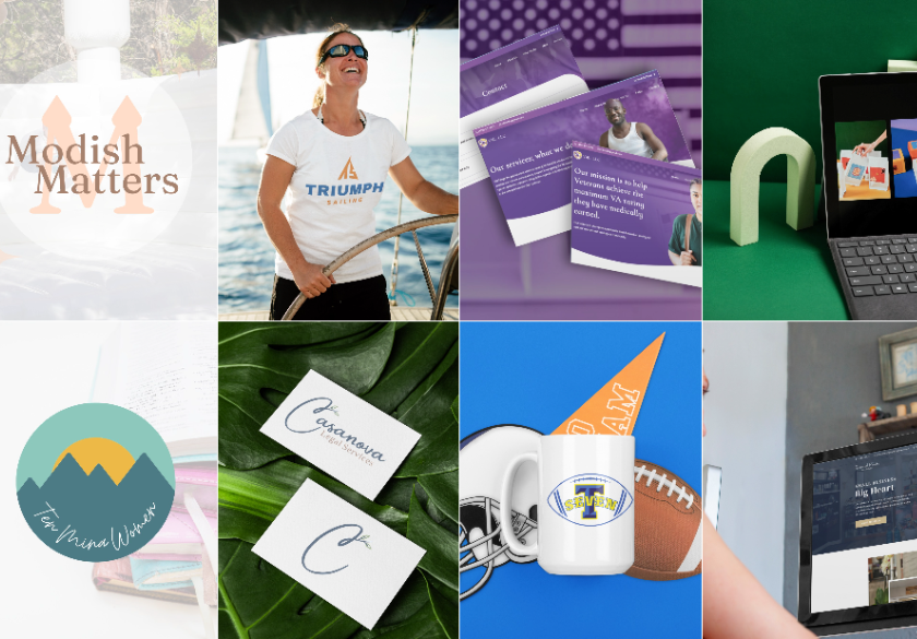 How to Turn 2025 Highlights into 2026 Marketing Content. A collage of eight images displays various branding and marketing materials, including logos, business cards, mugs, sports graphics, a woman sailing, and digital designs—showcasing 2025 highlights in marketing strategy.