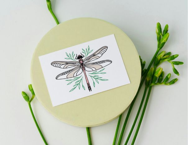 A card featuring a detailed dragonfly illustration with green leaves is placed on a round, light green surface surrounded by green flower buds—perfect inspiration for logo design or adding flair to your brand story.