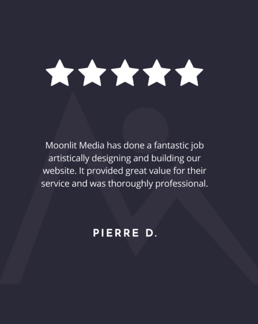 How to Turn 2025 Highlights into 2026 Marketing Content. A graphic shows a five-star rating above a testimonial: Moonlit Media has done a fantastic job artistically designing and building our website. Their marketing strategy added great value, and their service was thoroughly professional. — Pierre D.