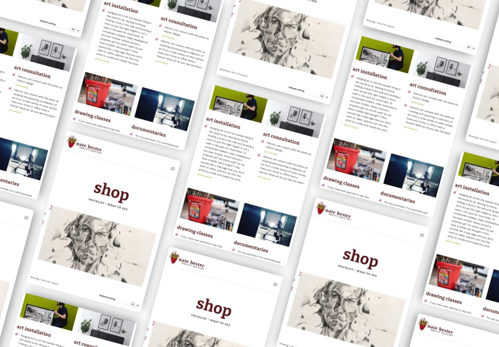 Multiple overlapping website pages displayed at an angle, featuring sections for art installations, drawing classes, and more—showcasing Moonlit Media’s custom website design expertise with engaging images and text on each page.