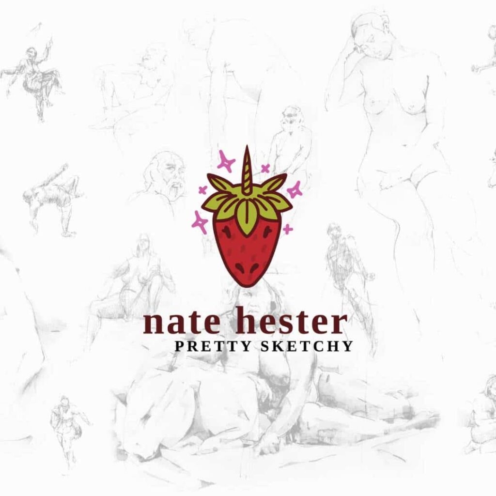 A red strawberry with a golden unicorn horn and stars is centered over faint pencil sketches of nude human figures, capturing the magic of custom logo design. Below it, text reads nate hester and PRETTY SKETCHY.