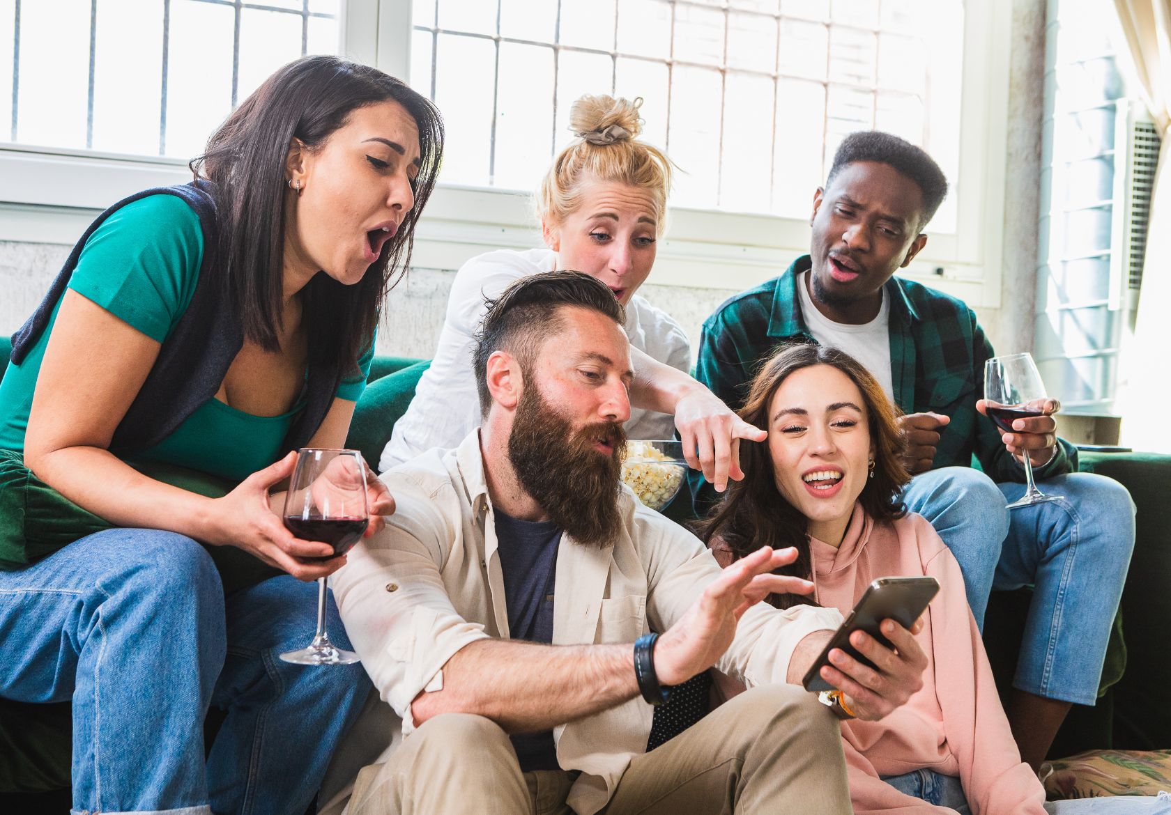 Friends gathered on a couch, wine glasses in hand, capturing the essence of social connections for your feed.