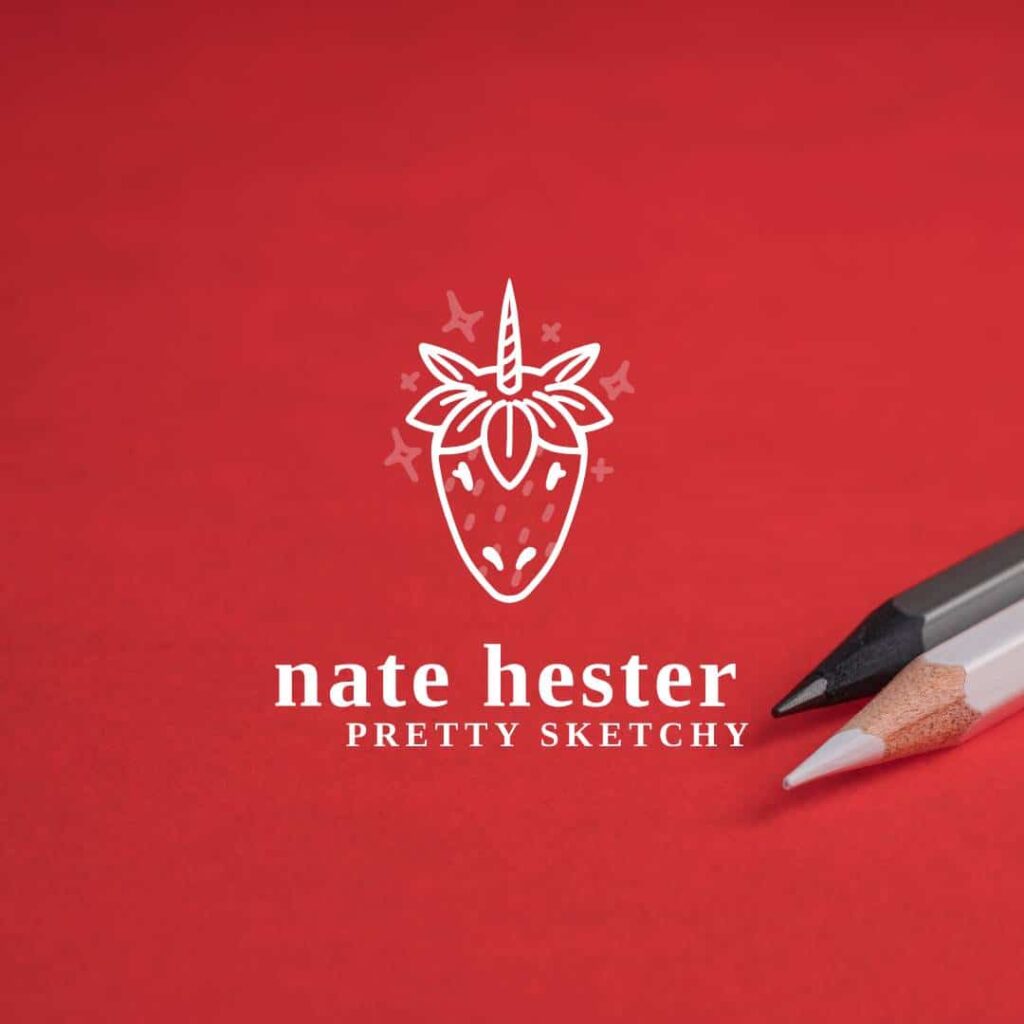 On a red background, a white strawberry with a unicorn horn appears above the text nate hester PRETTY SKETCHY. Two colored pencils, one black and one white, lie diagonally in the bottom right corner—perfect for any web design services branding.