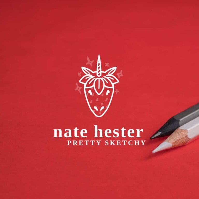 On a red background, a white strawberry with a unicorn horn appears above the text nate hester PRETTY SKETCHY. Two colored pencils, one black and one white, lie diagonally in the bottom right corner—perfect for any web design services branding.