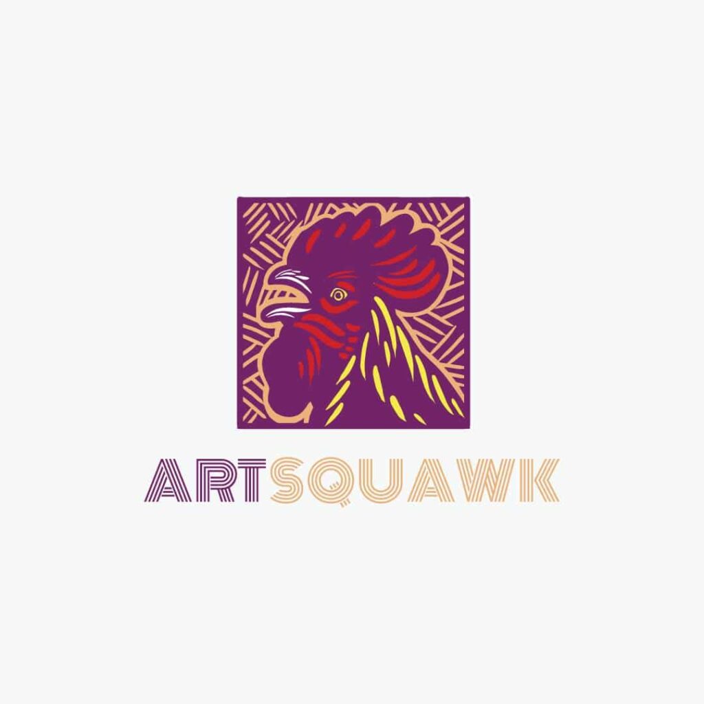 Stylized illustration of a rooster’s head in red, purple, and yellow with a patterned background. Below the image, ARTSQUAWK appears in decorative, modern fonts—perfect for showcasing custom logo design expertise.