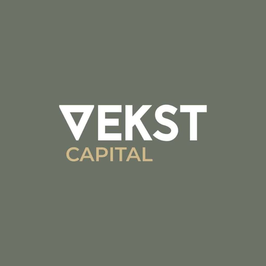 Logo with the word VEKST in bold white letters, the letter V stylized as an upside-down triangle. Below VEKST, CAPITAL appears in smaller gold letters on a muted green background—crafted by Moonlit Media’s expert logo design services.