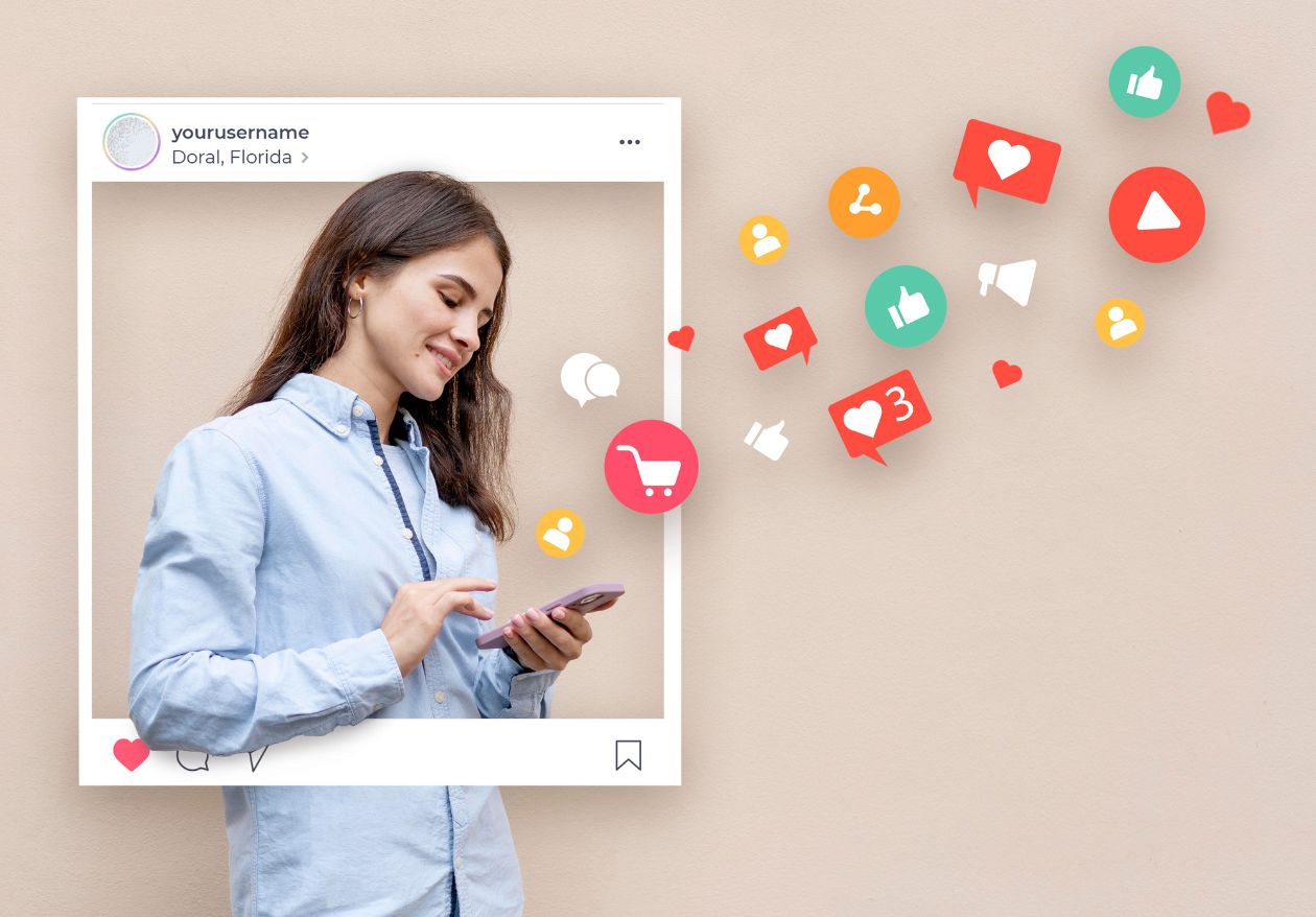 A woman smiles while using her phone, standing against a beige wall. An Instagram-style frame surrounds her, with colorful social media icons floating around—perfect inspiration for web design services or any creative web designer.