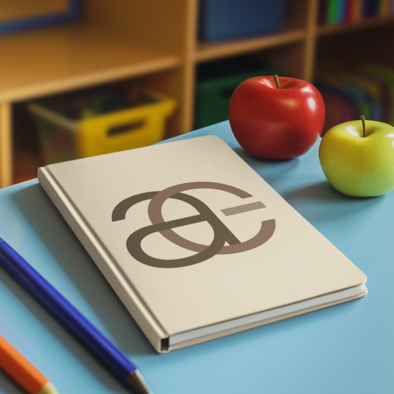 A notebook featuring a bold logo design on the cover sits on a desk next to a red apple, green apple, colored pencils, and blurred shelves in the background.
