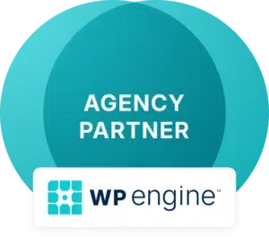 A blue circular badge with the words AGENCY PARTNER in white text, ideal for growing brands, featuring the WP Engine logo and text at the bottom.