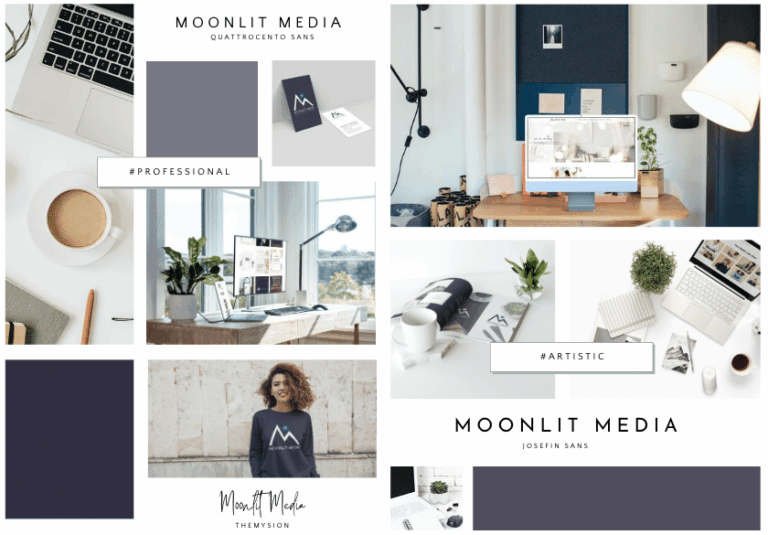A mood board for Moonlit Media, perfect for any web designer, featuring workspace photos, branding materials, coffee cups, plants, and color swatches in navy, gray, and white with “#PROFESSIONAL” and “#ARTISTIC” on each custom website design image.