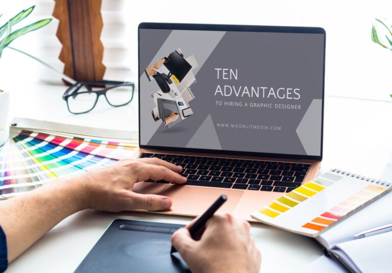 A person uses a graphics tablet and laptop displaying a presentation titled Ten Advantages to Hiring a Graphic Designer, surrounded by color swatches and plants on a white desk, highlighting the benefits of professional web design services.