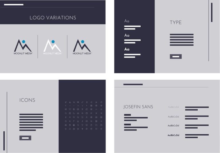 A brand style guide featuring custom logo design with four sections: logo variations, type, icons, and Josefin Sans font. The modern, minimalistic guide uses blue, dark gray, and light gray with geometric elements for a sleek web designer aesthetic.