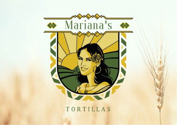 Logo for Marianas Tortillas featuring custom illustrations of an illustrated woman with long hair and a flower in her hair, set against a sun and field background, with wheat stalks in the foreground. Perfect for unique brands.
