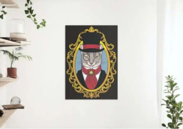 A framed painting of a cat dressed in a suit, red tie, and top hat—perfect for unique brands seeking custom illustrations—hangs in an ornate gold frame on a white wall surrounded by plants and shelves.