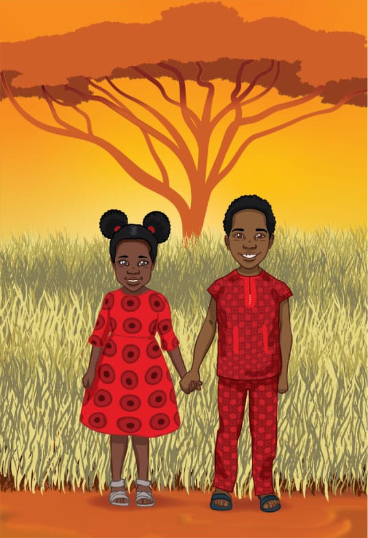 Illustration of a smiling boy and girl holding hands in a grassy field, wearing matching red and black patterned outfits, with a large tree and an orange sunset sky—a perfect scene for web design services or creative logo design inspirations.