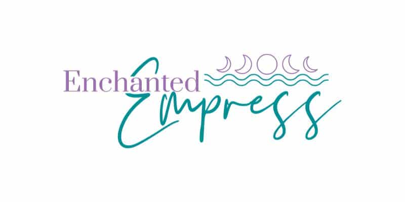 Logo with the words Enchanted Empress in purple and teal script. Five crescent and full moon symbols are above teal wavy lines, all on a white background—perfect for showcasing logo design services or custom website design.