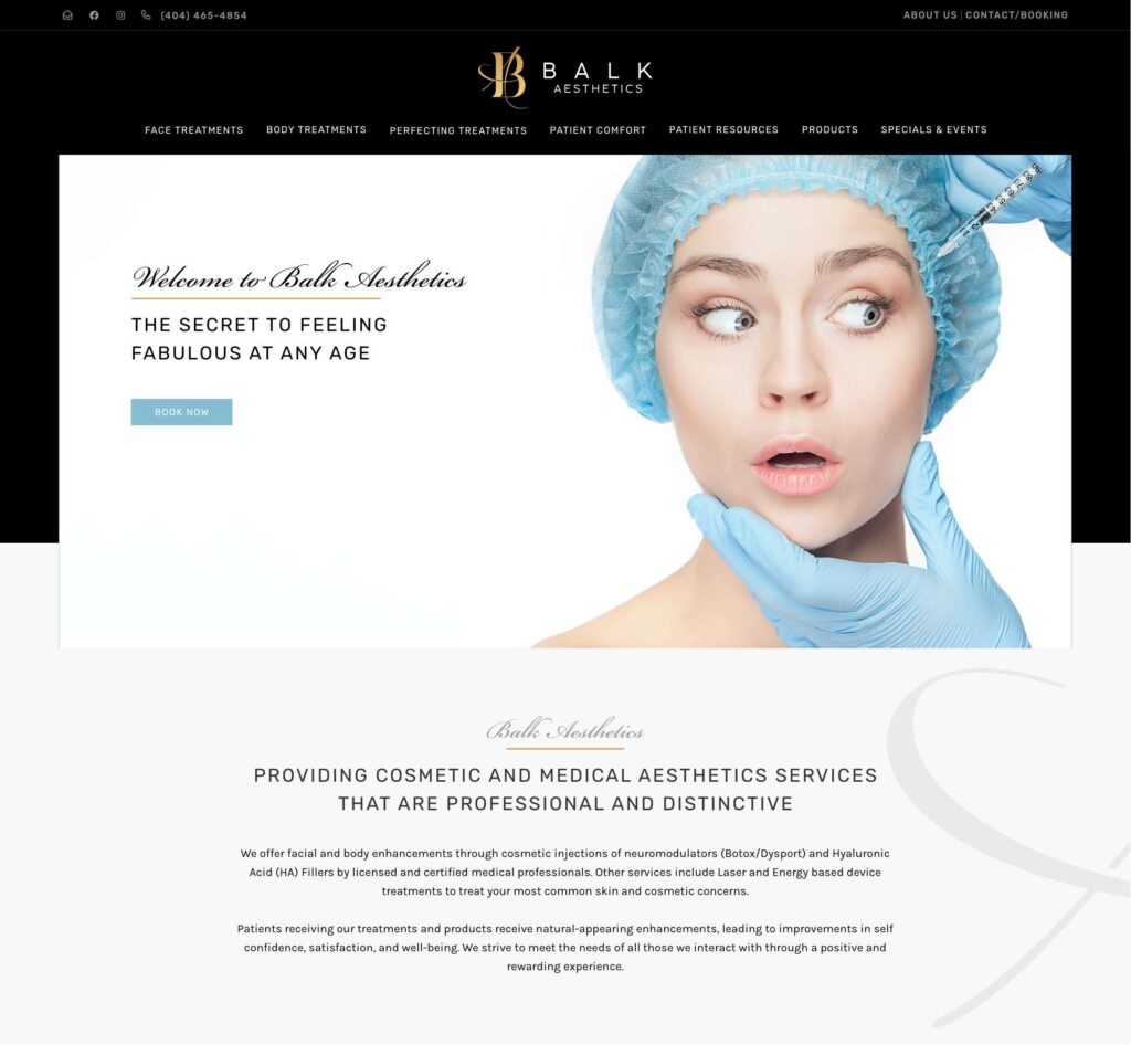 A woman in a blue surgical cap is surprised as a gloved hand touches her face with a syringe. The Balk Aesthetics site showcases cosmetic services and highlights their custom website design for an elevated, professional online presence.