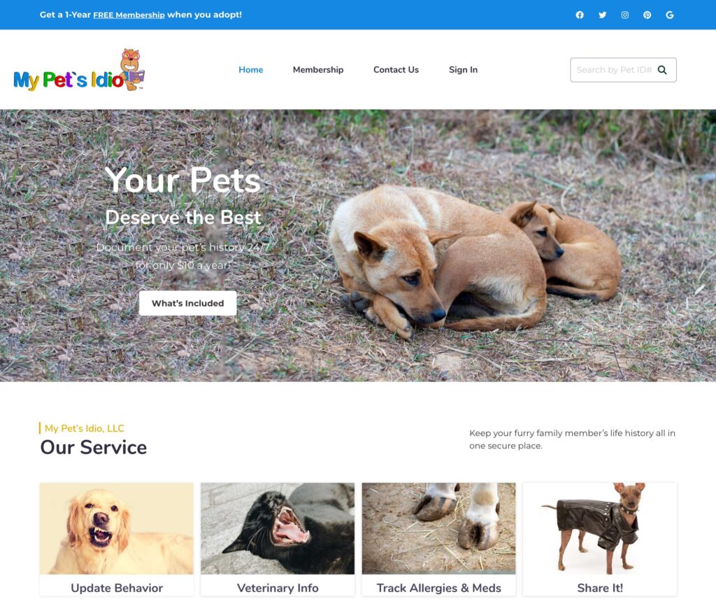 Homepage of a pet care website featuring two dogs on grass, promoting pet history documentation. Explore our custom website design and custom logo design services alongside images of a dog, a cat, pet medication, and a stylish pup in a jacket.