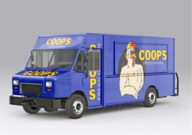 A bright blue food truck with COOPS FRESH CHICKEN written on it and a large cartoon chicken mascot is parked, facing left, against a plain gray background—perfect for standout brands that love custom illustrations.