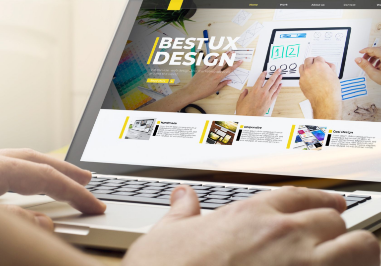 A person uses a laptop displaying a website about Best UX Design, featuring images of hands sketching wireframes and design tools, with highlighted sections for handmade, responsive, and cool custom website design.
