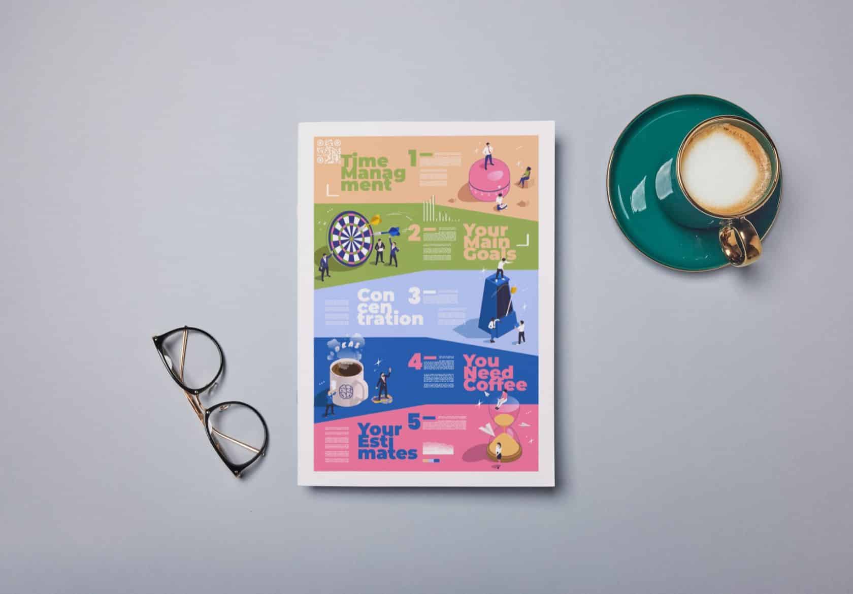 A top-down view of a desk with eyeglasses, a cup of coffee, and a colorful infographic on productivity—perfect inspiration for any web designer or team at Moonlit Media focused on custom website design and efficient time management.