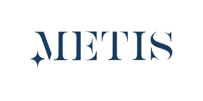 The word METIS is written in bold, elegant, blue serif font with a diamond-shaped star replacing the left leg of the letter M, reflecting a moonlit media vibe on a white background—a striking choice for web designers seeking custom logo design.