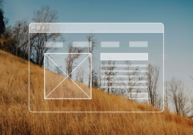 A wireframe of a website interface is overlaid on a photo of a dry grassy hillside with sparse, leafless trees under a clear blue sky, showcasing Moonlit Media’s expertise in custom logo design.