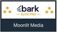 Logo reading bark ELITE PRO with four gold stars, above the name Moonlit Media on a dark background—ideal for growing brands seeking standout custom logo design.