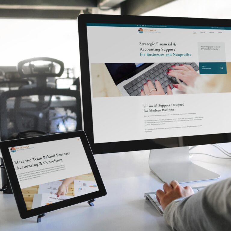 A person using a desktop computer and a tablet at a desk, both displaying the redesigned Seacoast Accounting & Consulting website with information about accounting support for businesses and nonprofits in New Hampshire.
