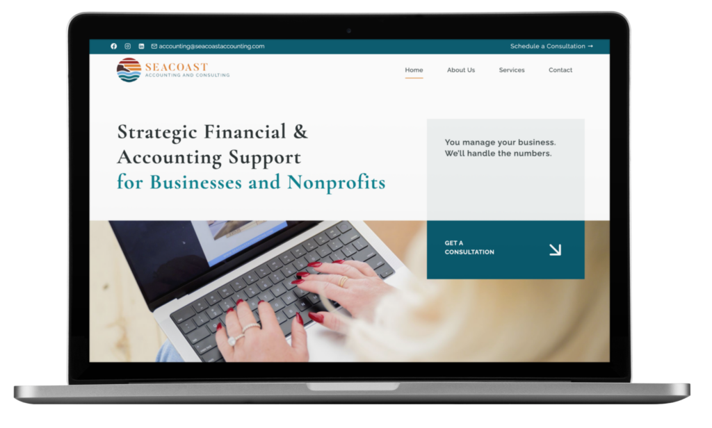 A laptop displaying the Seacoast Accounting and Consulting website showcases its homepage with navigation links and a banner reading “Strategic Financial & Accounting Support for Businesses and Nonprofits,” highlighting expert accounting support in New Hampshire.