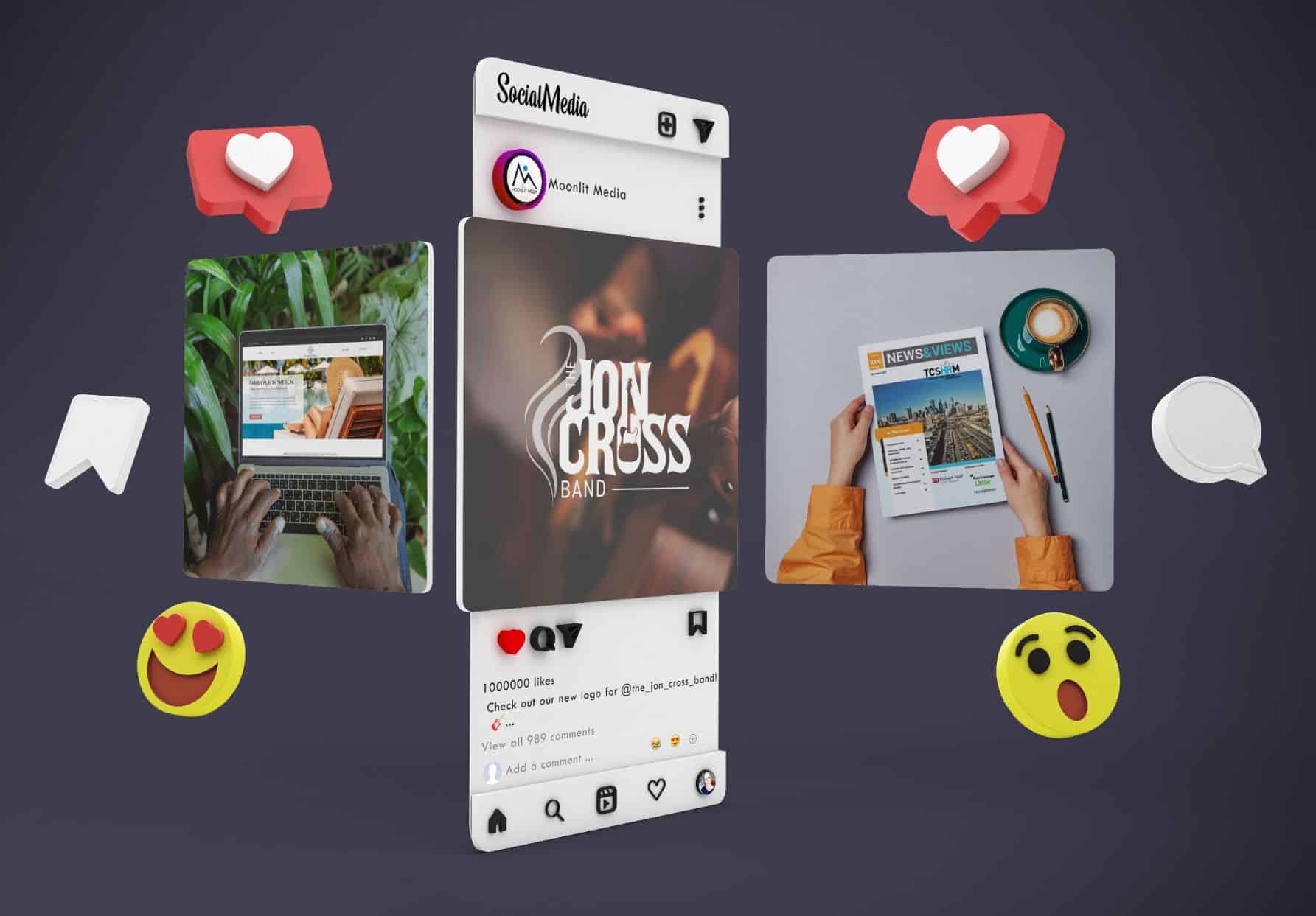 A 3D illustration of a smartphone displaying a social media post. Surrounding the phone are icons of hearts, chat bubbles, emojis, and images of hands typing on a laptop—perfect for showcasing Moonlit Media’s logo design services.