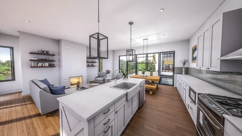 Modern open-concept kitchen and living area—perfect for a web designer—inspired by white cabinets, farmhouse sink, gas stove, dining table, gray sofa, built-in shelves, fireplace, large windows, and wood floors.