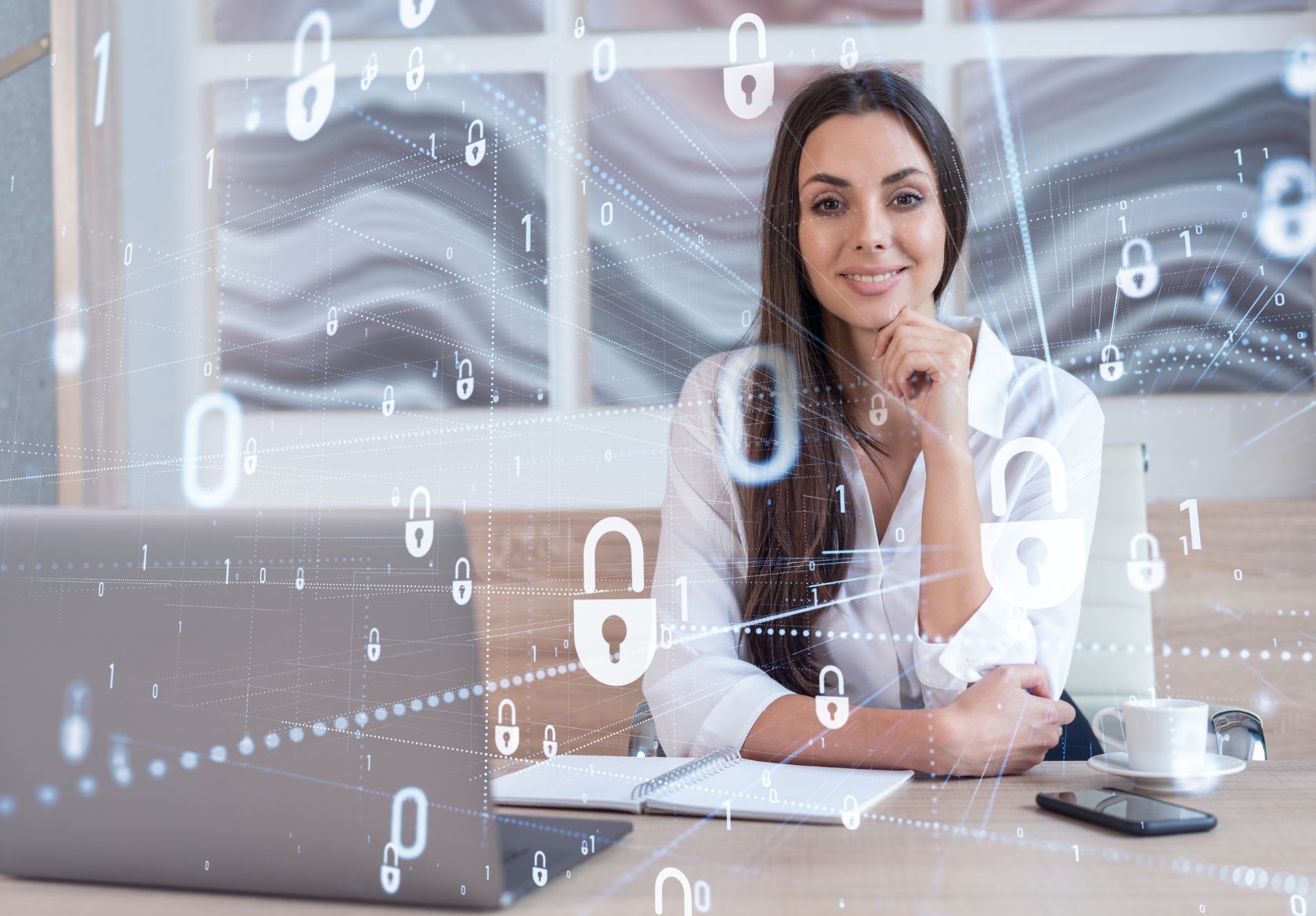A woman sits at a desk with a laptop, notebook, and coffee cup, smiling at the camera. Digital padlock and binary code graphics overlay the image, reflecting moonlit media’s focus on cybersecurity and custom website design.
